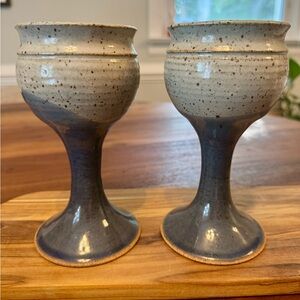 2 Studio Art Pottery Glazed Wine Chalice Goblet Blue Gray Brown Speckled EUC
